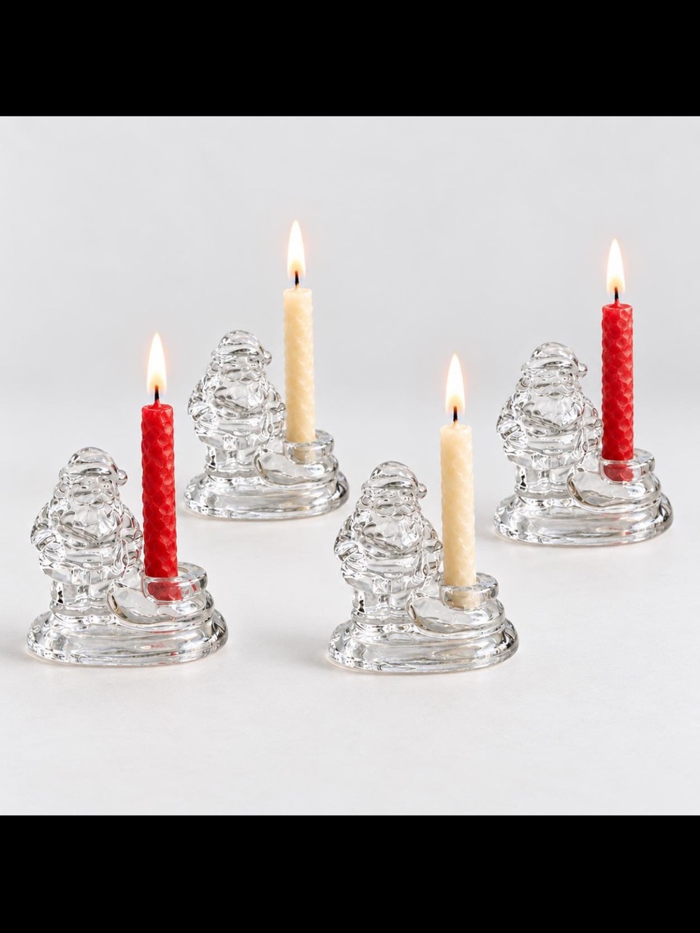Vintage Williams-Sonoma Set of 4 Santa Tiny Taper Candle Clear Glass Holders